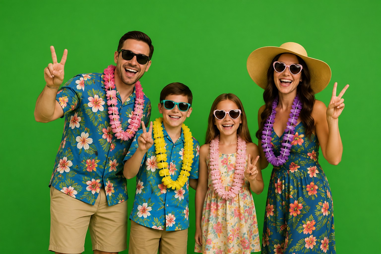 Family posing in front of a green screen backdrop